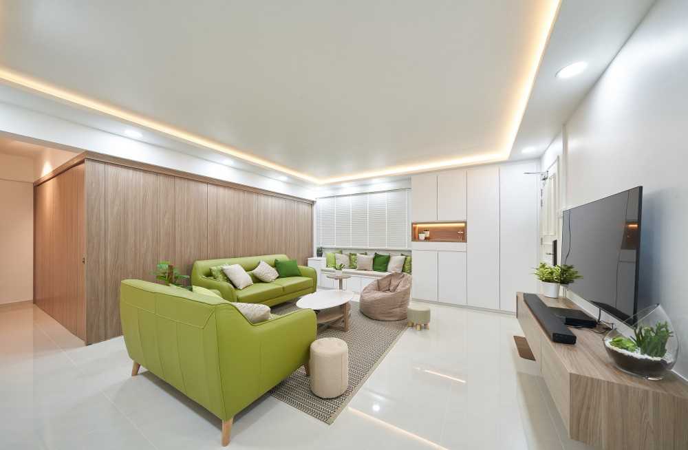 Contemporary Living Room with Homogeneous Tiles and TV Console