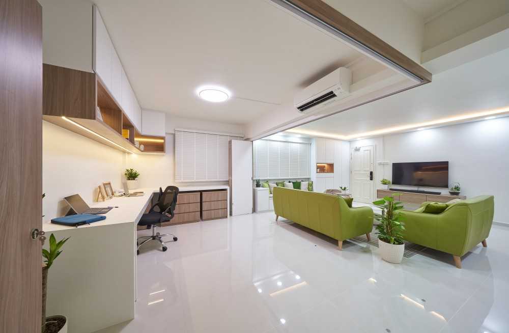 Contemporary Living Room with Bookshelf and TV Console