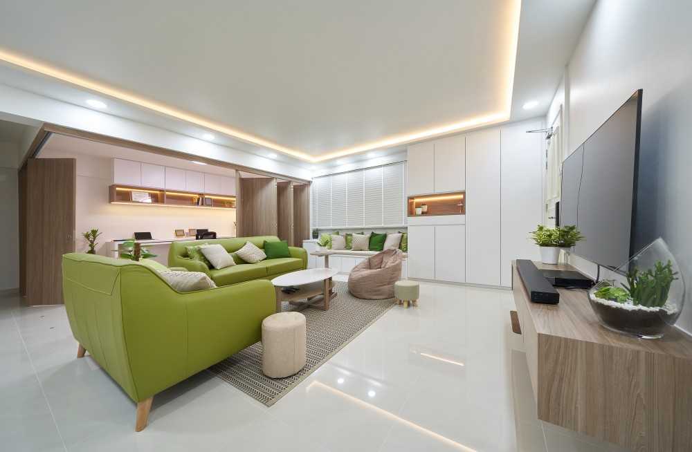 Contemporary Living Room with Homogeneous Tiles and TV Console