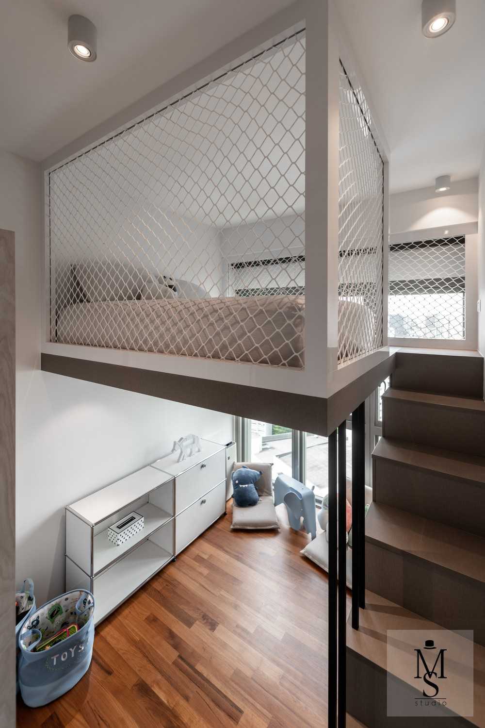 Contemporary Kids Room with Bookshelf and Platform Bed
