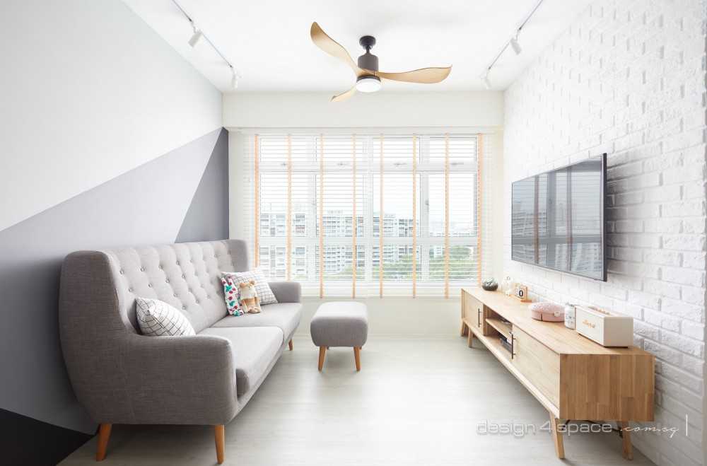 Scandinavian Living Room with Marble Floor and Wood Flooring
