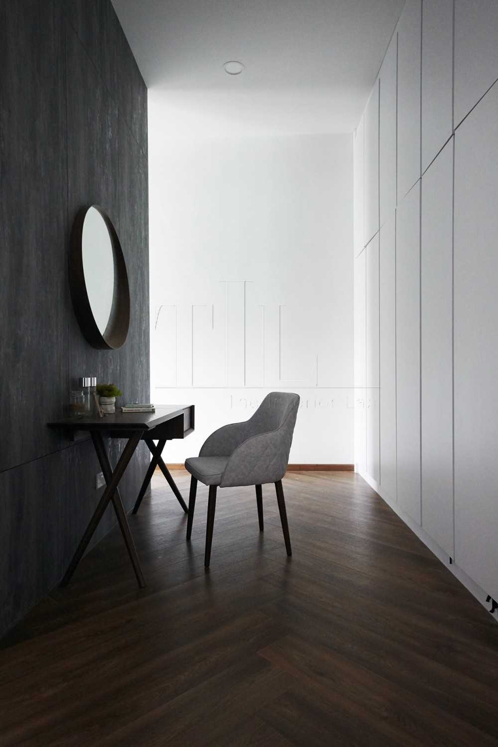 Contemporary Bedroom with Herringbone Tiling and Wood Flooring