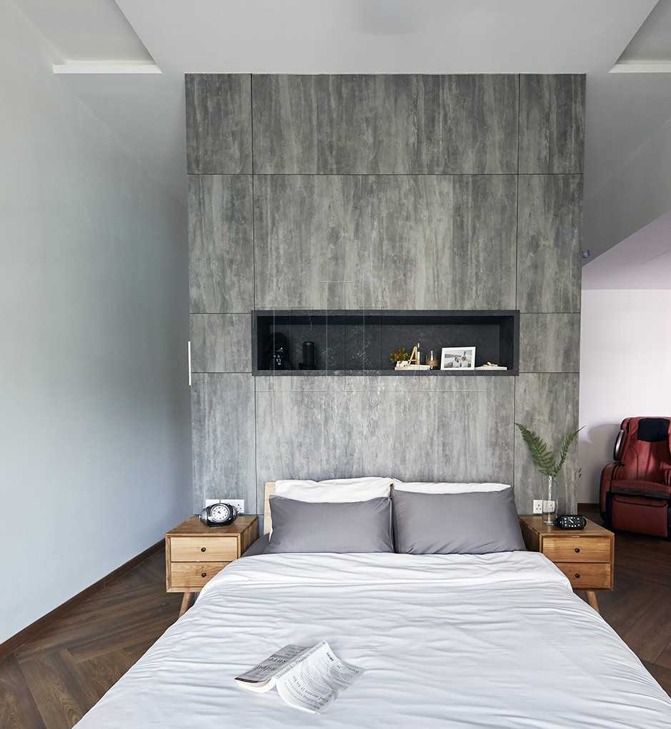 Contemporary Bedroom with Herringbone Tiling and Wood Flooring