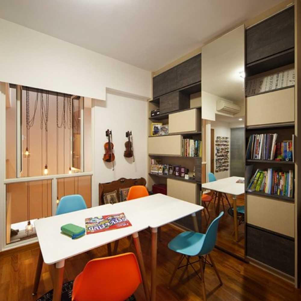Contemporary Bedroom with Bookshelf and Drop Ceiling