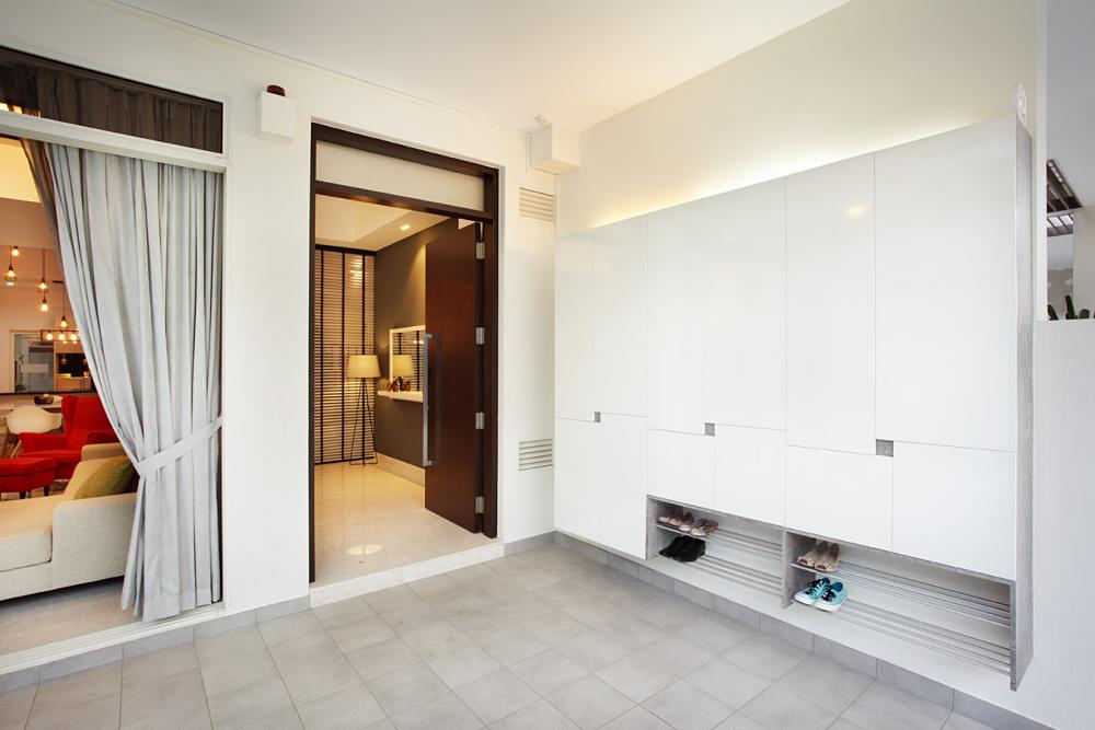 Contemporary Foyer with Curtain and Shoe Rack