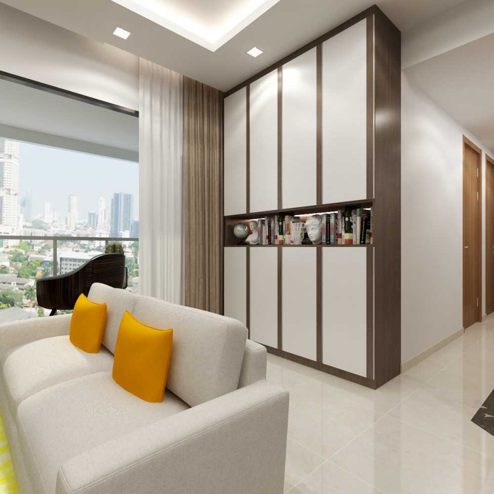 Contemporary Living Room with Bookshelf and Homogeneous Tiles