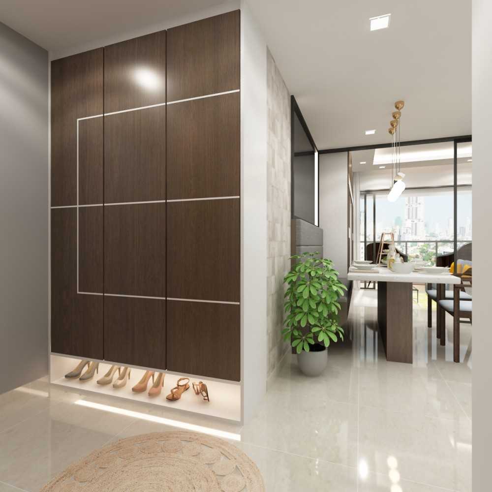 Contemporary Entryway with Seating Bench and Shoe Cabinets