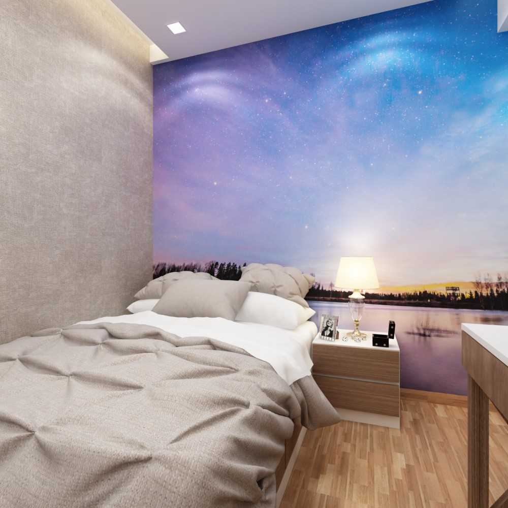 Contemporary Bedroom with Vinyl Flooring and Feature Wall