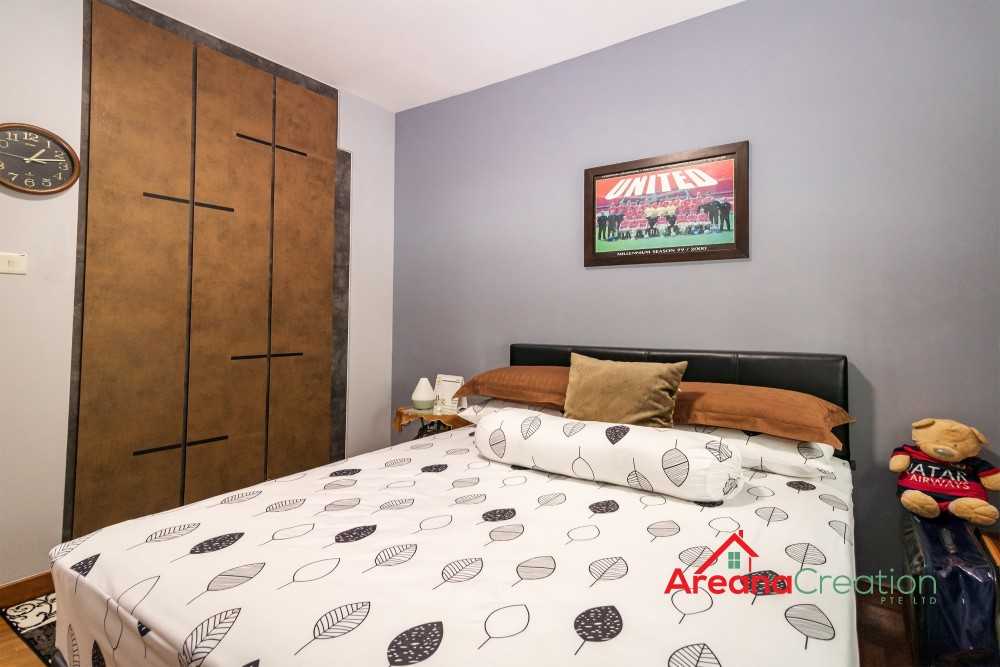 Contemporary Bedroom with Homogeneous Tiles and Drop Light
