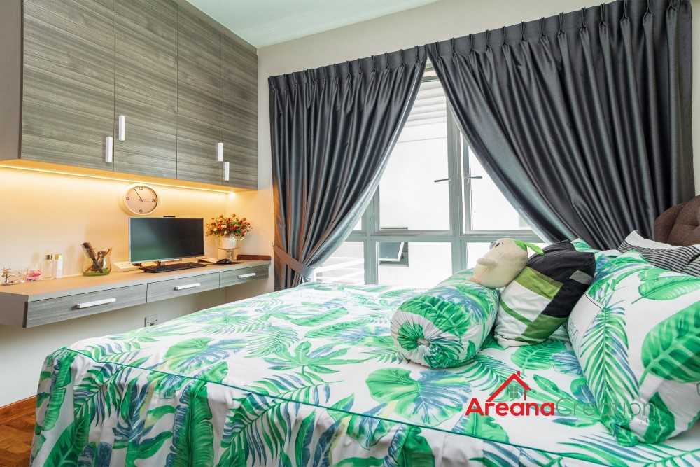 Contemporary Bedroom with Homogeneous Tiles and Drop Light