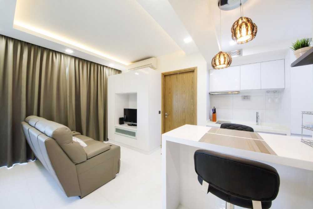 Modern Living Room with TV Console and Kitchen Island