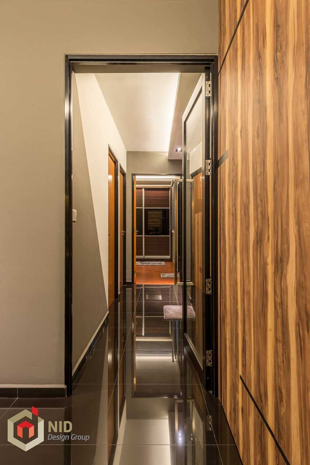 Contemporary Hallway with Bookshelf and Glass Door