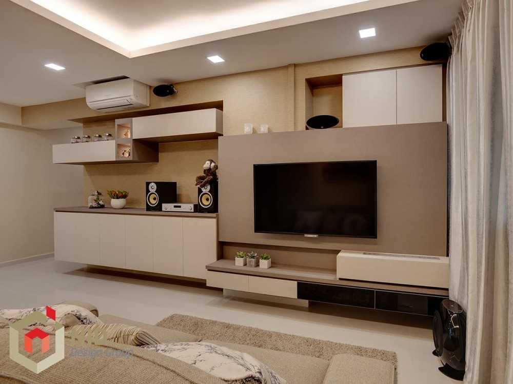 Modern Living Room with Bookshelf and Homogeneous Tiles