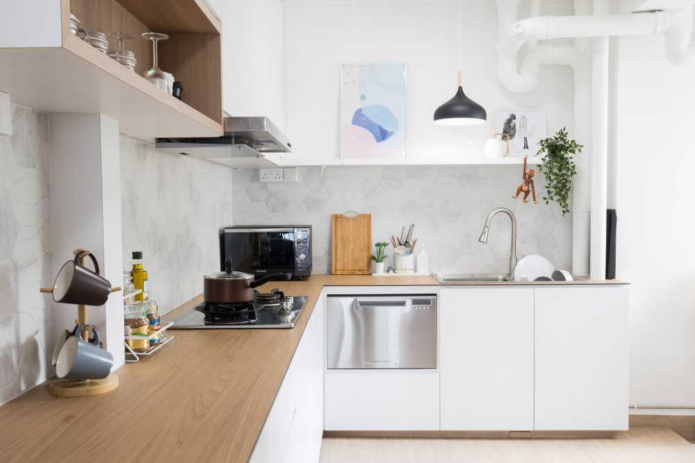 Scandinavian Kitchen with Vinyl Flooring and Kitchen Accessories