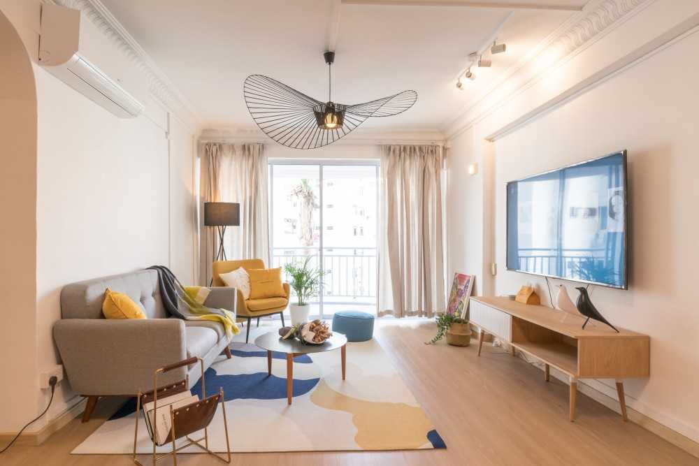 Scandinavian Living Room with Vinyl Flooring and TV Console
