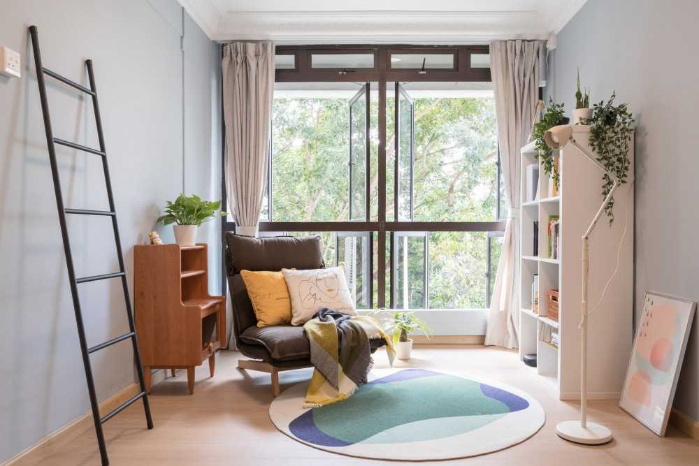 Scandinavian Study with Bookshelf and Sofa