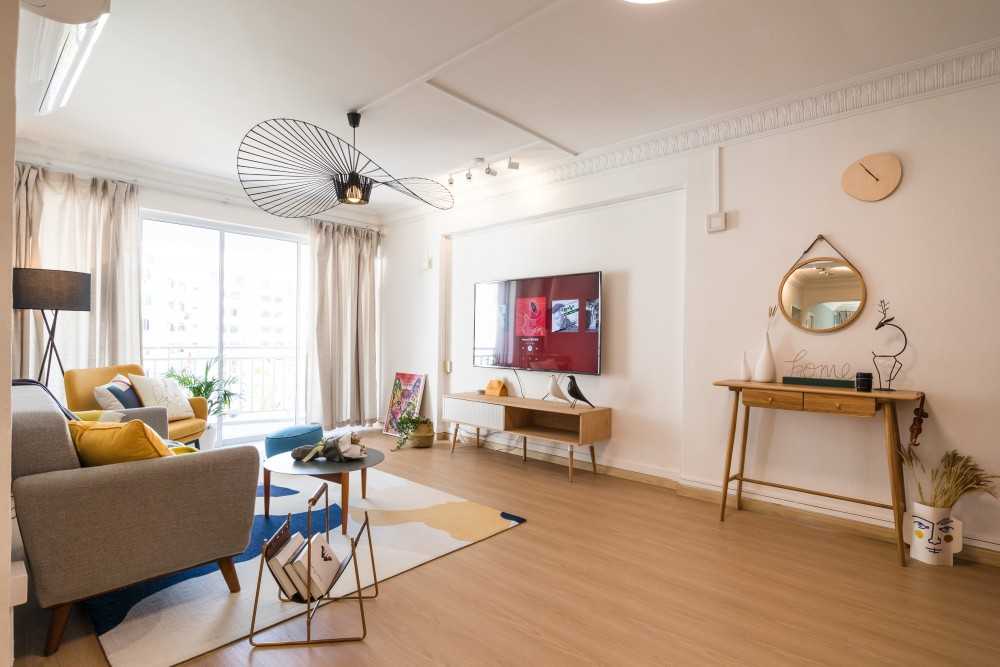 Scandinavian Living Room with Vinyl Flooring and TV Console
