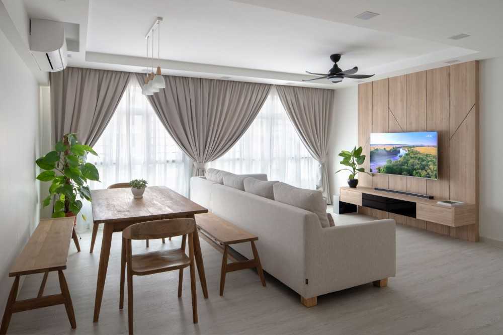 Scandinavian Living Room with Wood Flooring and TV Console