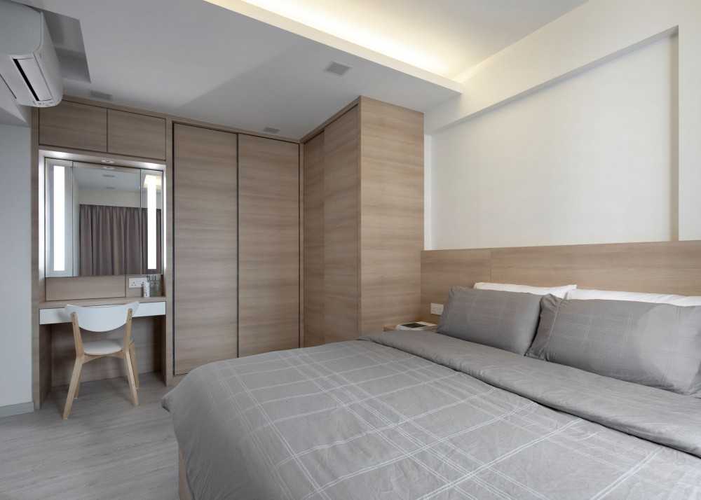 Scandinavian Bedroom with Wood Flooring and Wardrobe