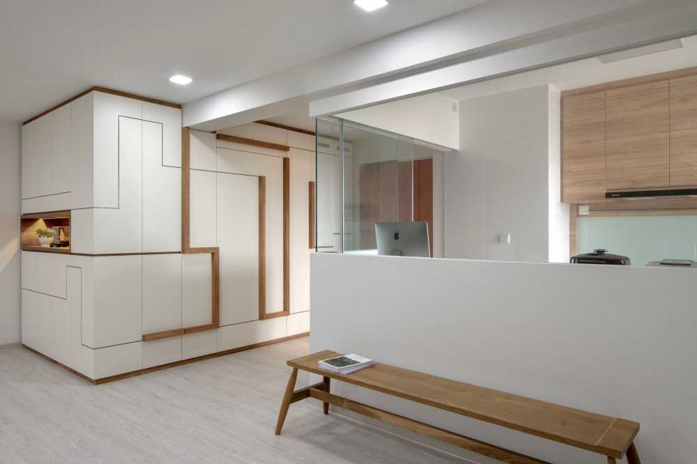 Scandinavian Living Room with Wood Flooring and Feature Wall