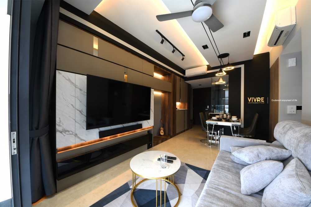 Modern Living Room with Homogeneous Tiles and TV Console