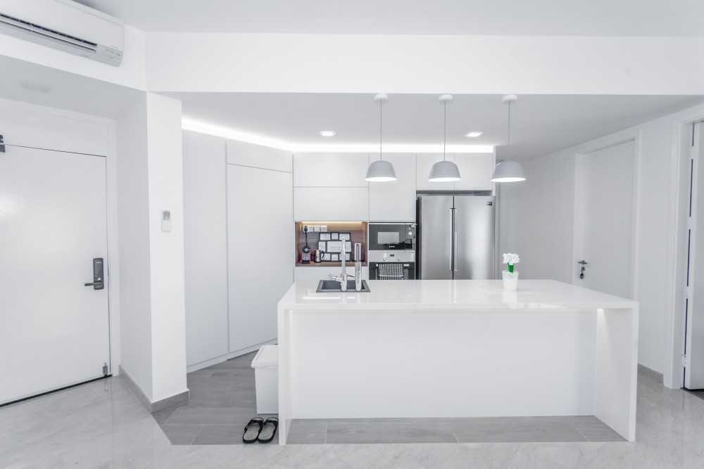 Minimalist Kitchen with Countertop and Homogeneous Tiles