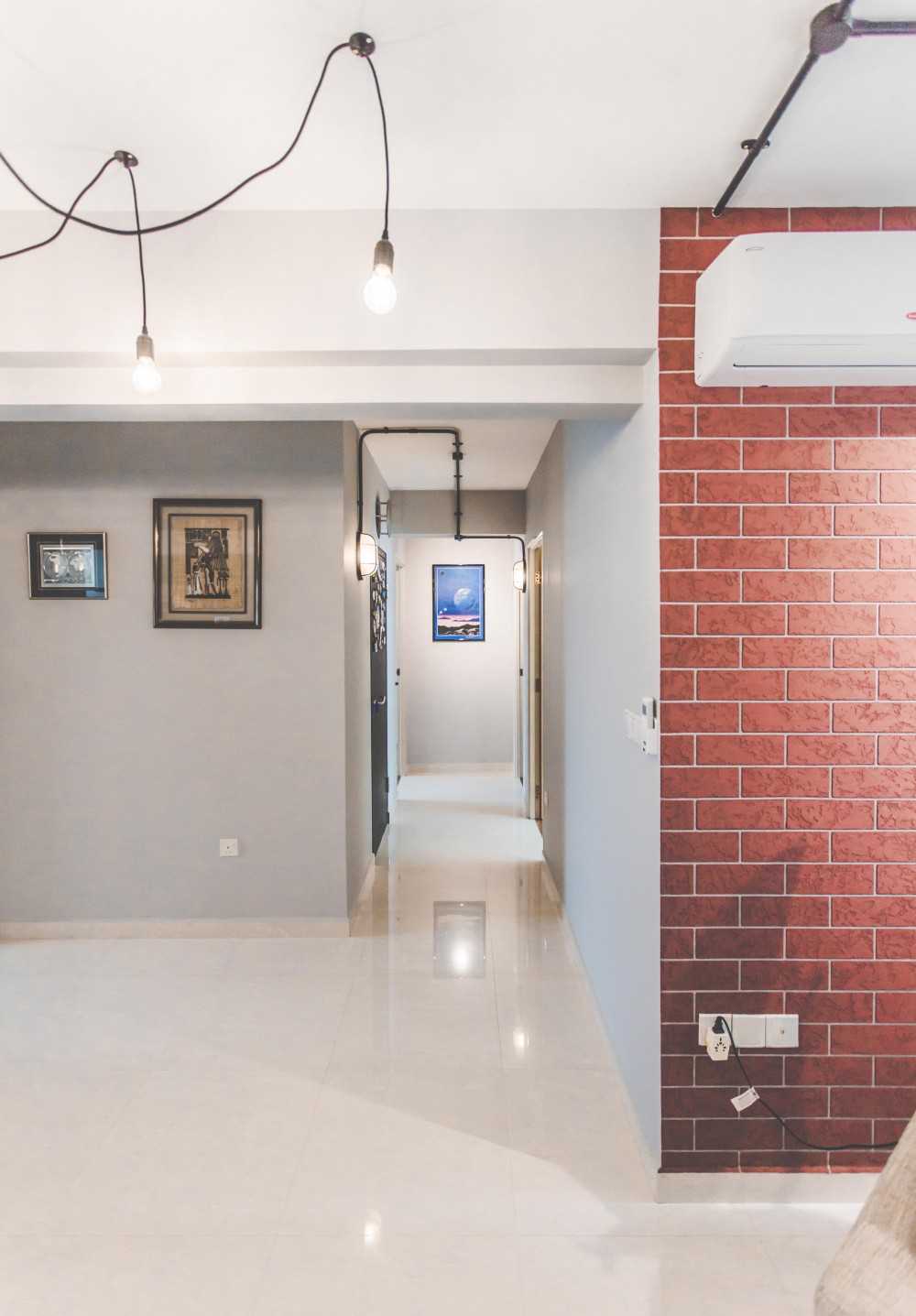 Industrial Living Room with Homogeneous Tiles and Feature Wall