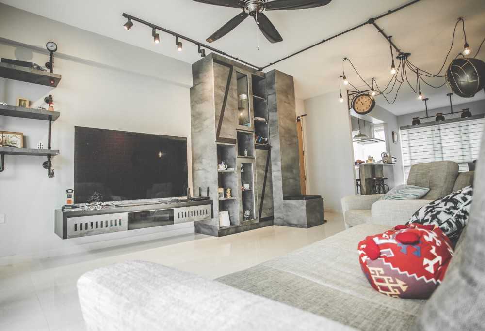 Industrial Living Room with Bookshelf and Settee