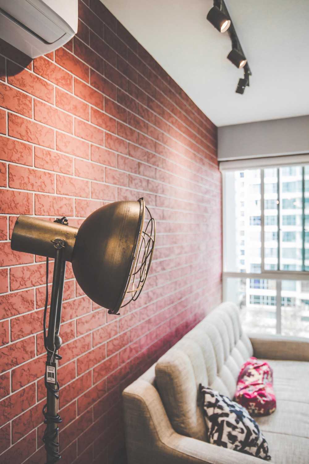 Industrial Home Theatre with TV Console and Ceiling Fan