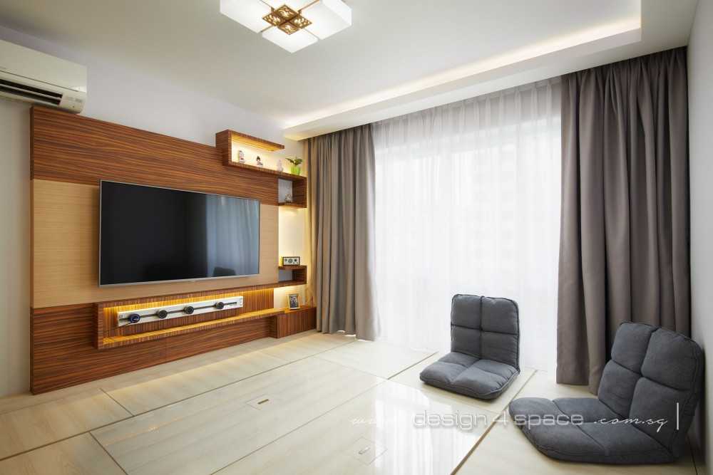 Asian Living Room with Wood Flooring and Paintings