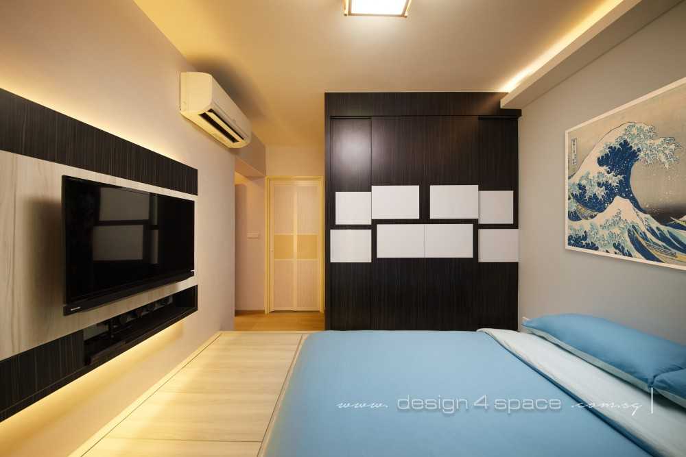 Asian Bedroom with Granite Floor and Wood Flooring