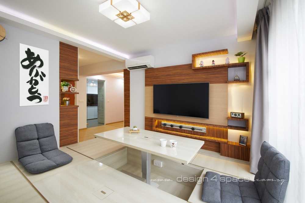 Asian Living Room with Wood Flooring and TV Console