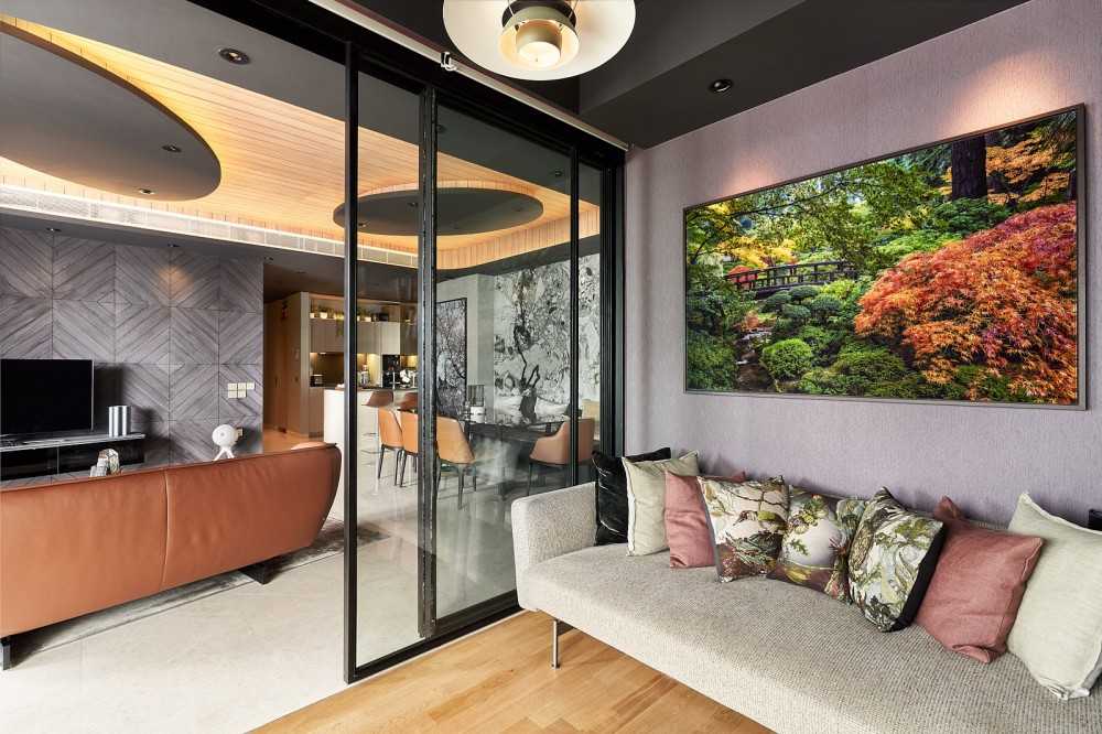 Contemporary Hallway with Sofa and Paintings