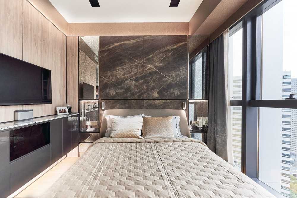Contemporary Bedroom with Feature Wall and Curtain
