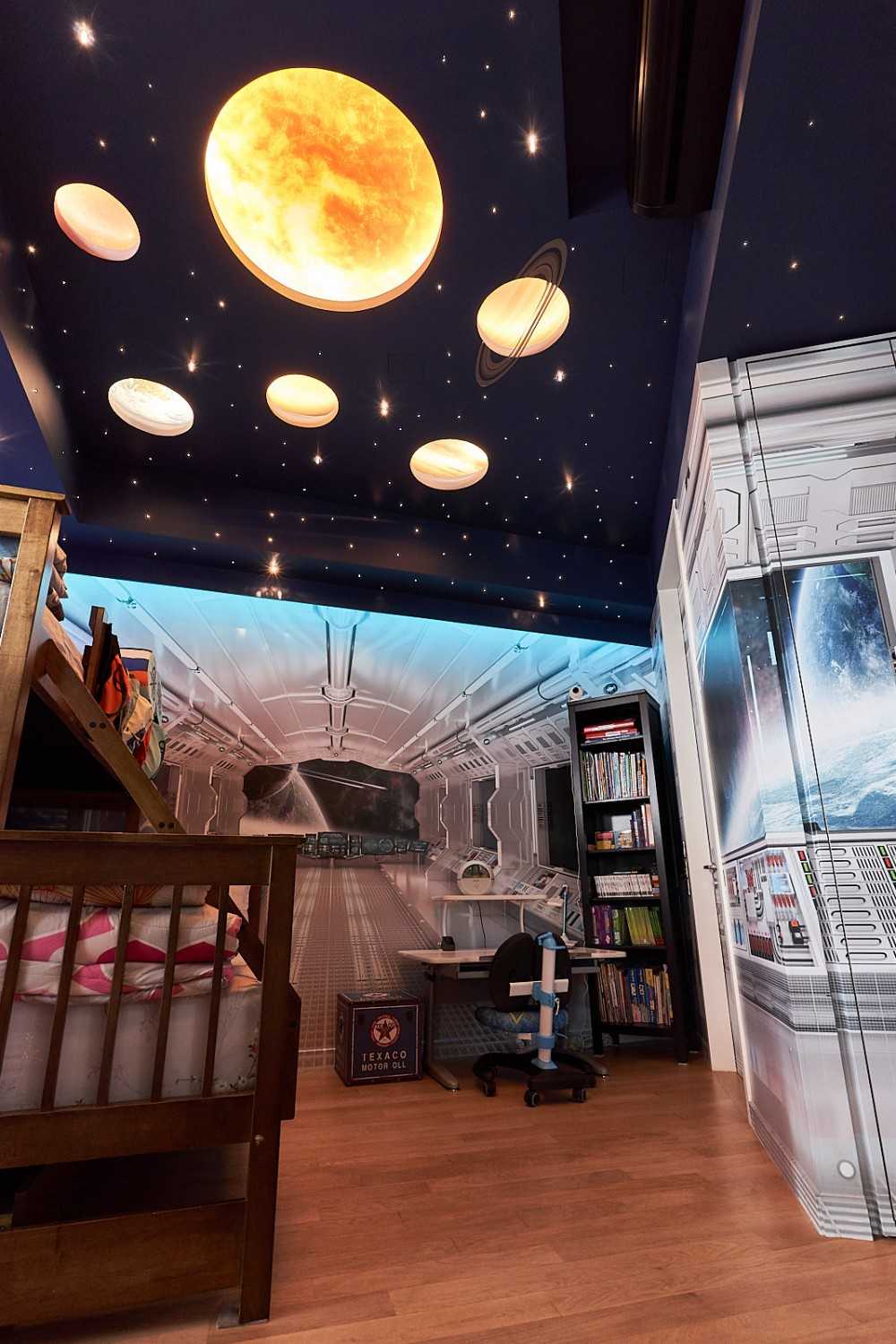 Contemporary Bedroom with Bookshelf and Feature Wall