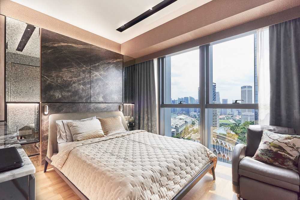 Contemporary Bedroom with Wood Flooring and Feature Wall