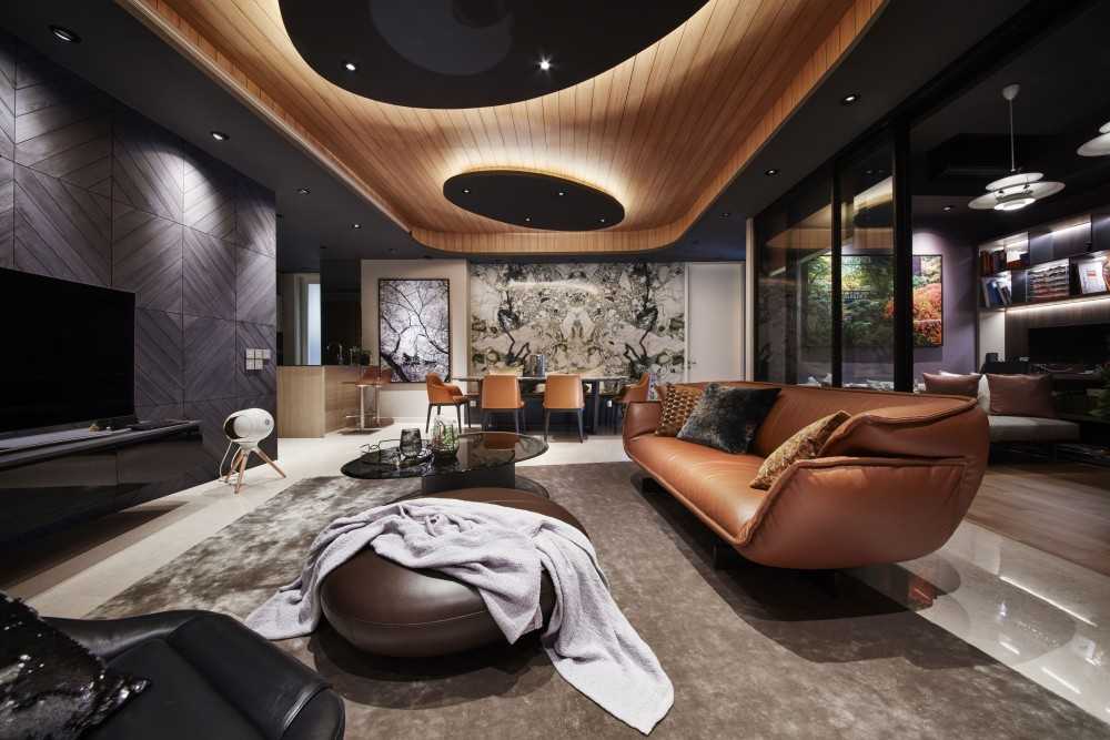 Contemporary Living Room with Feature Wall and Ceiling Light