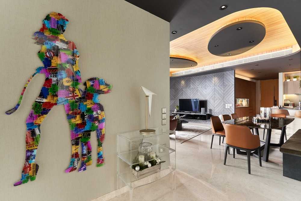Contemporary Hallway with Marble Floor and Feature Wall