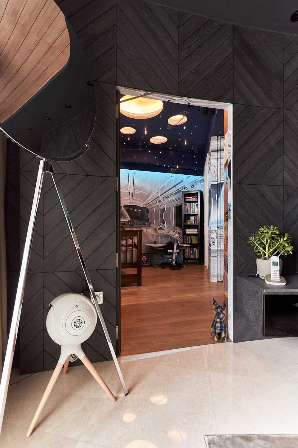 Contemporary Hallway with Wood Flooring and Feature Wall