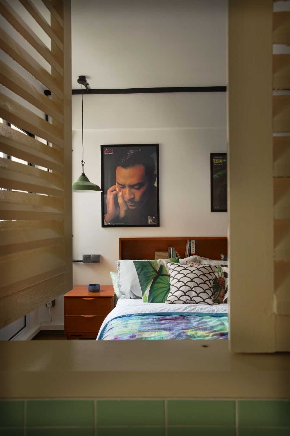 Vintage Bedroom with Bedside Table and Paintings
