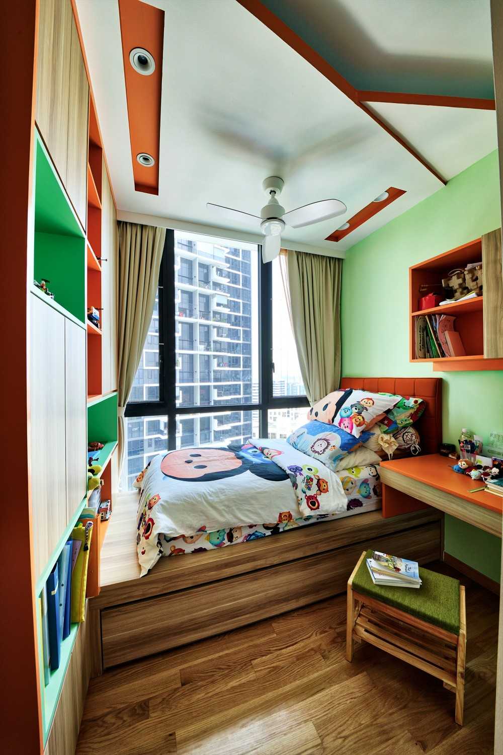 Scandinavian Bedroom with Bookshelf and Platform Bed