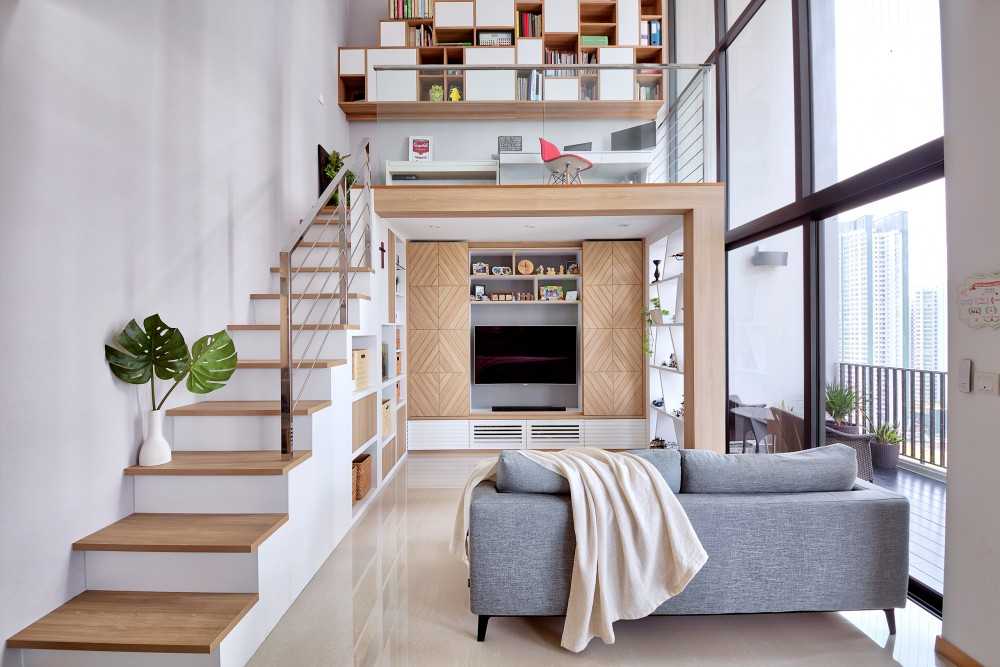 Scandinavian Living Room with Bookshelf and TV Console