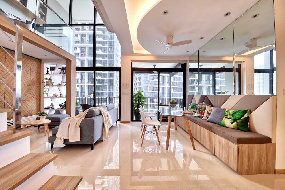 Scandinavian Living Room with Marble Floor and Mirror