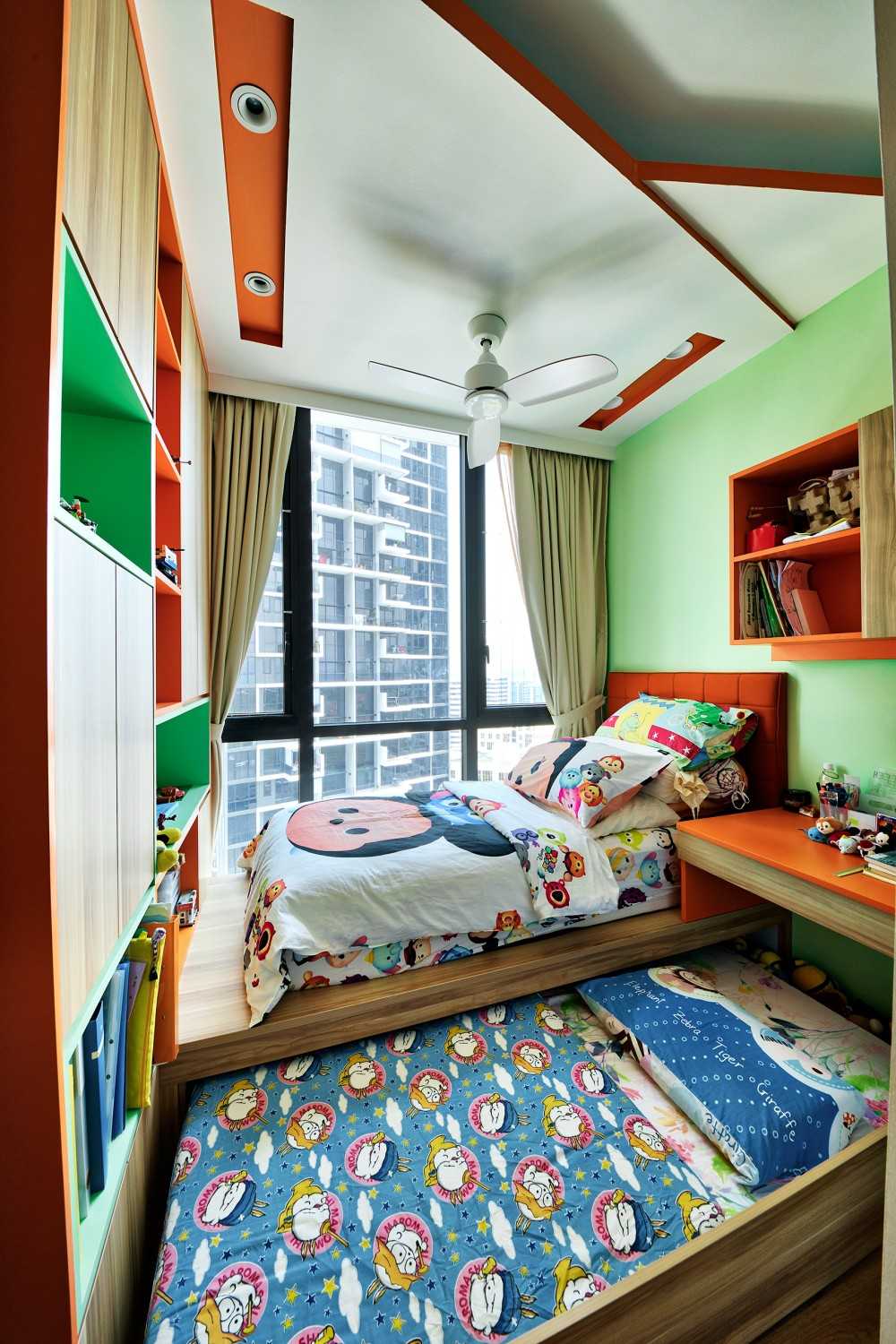 Scandinavian Bedroom with Bookshelf and Platform Bed
