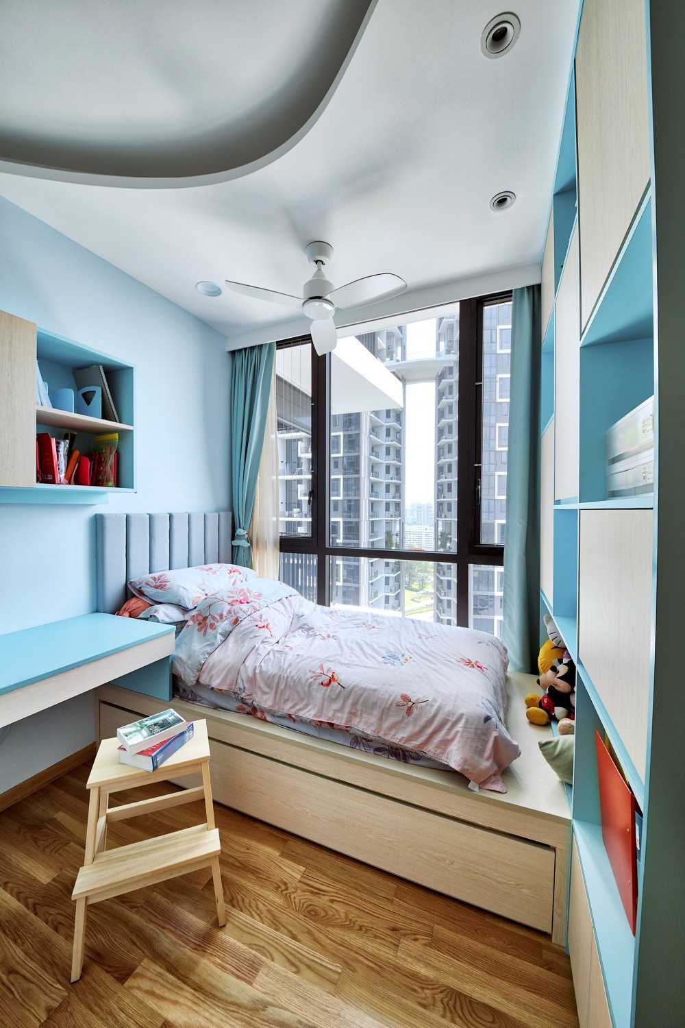 Scandinavian Bedroom with Platform Bed and Ceiling Fan