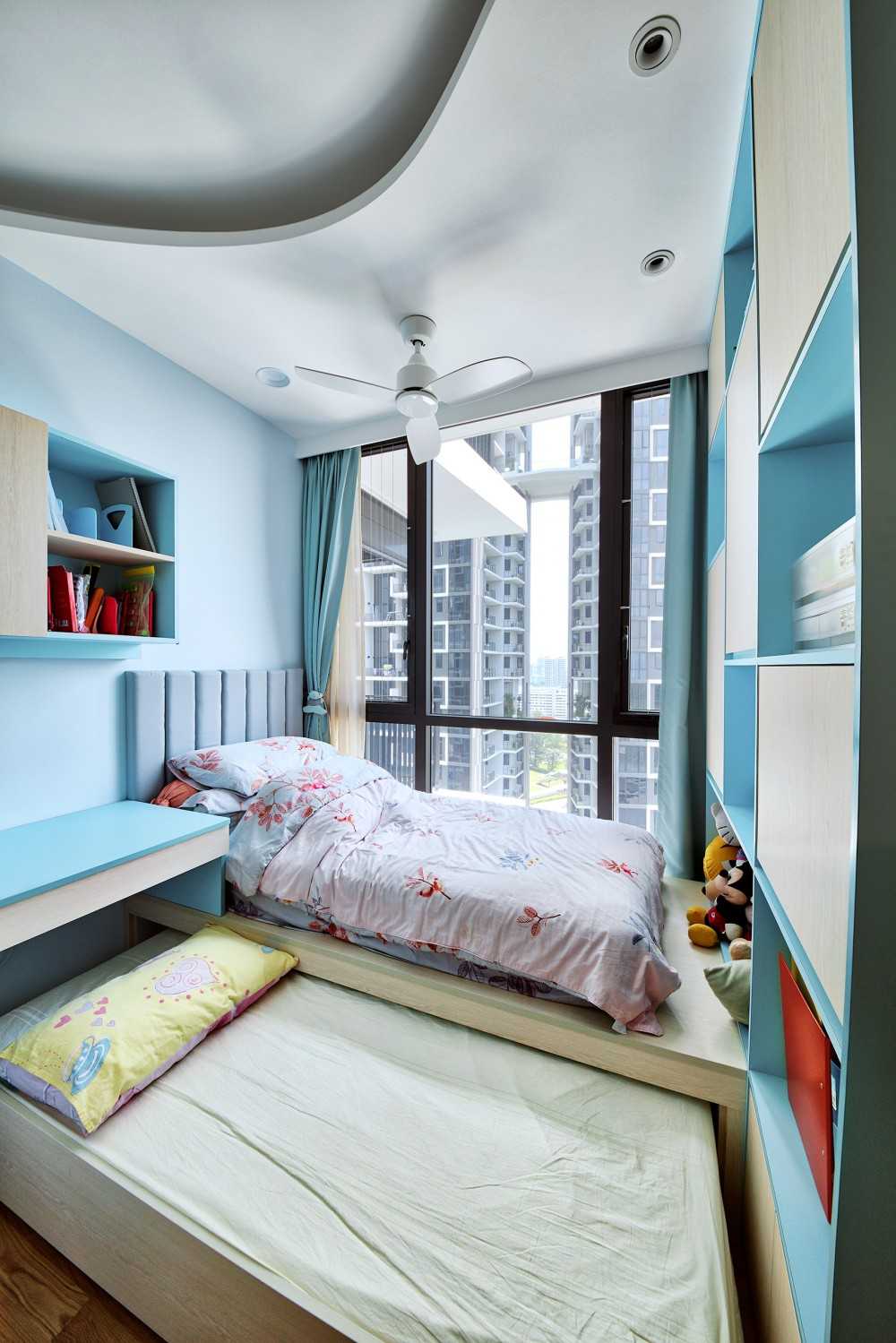 Scandinavian Bedroom with Bookshelf and Platform Bed
