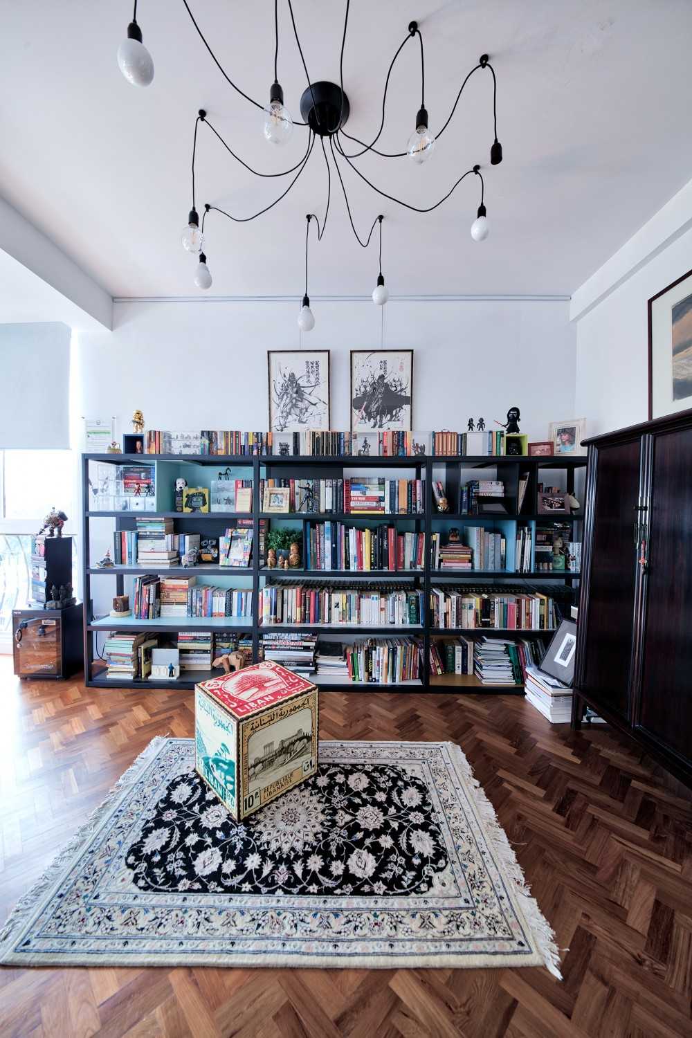 Contemporary Study with Bookshelf and Wood Flooring