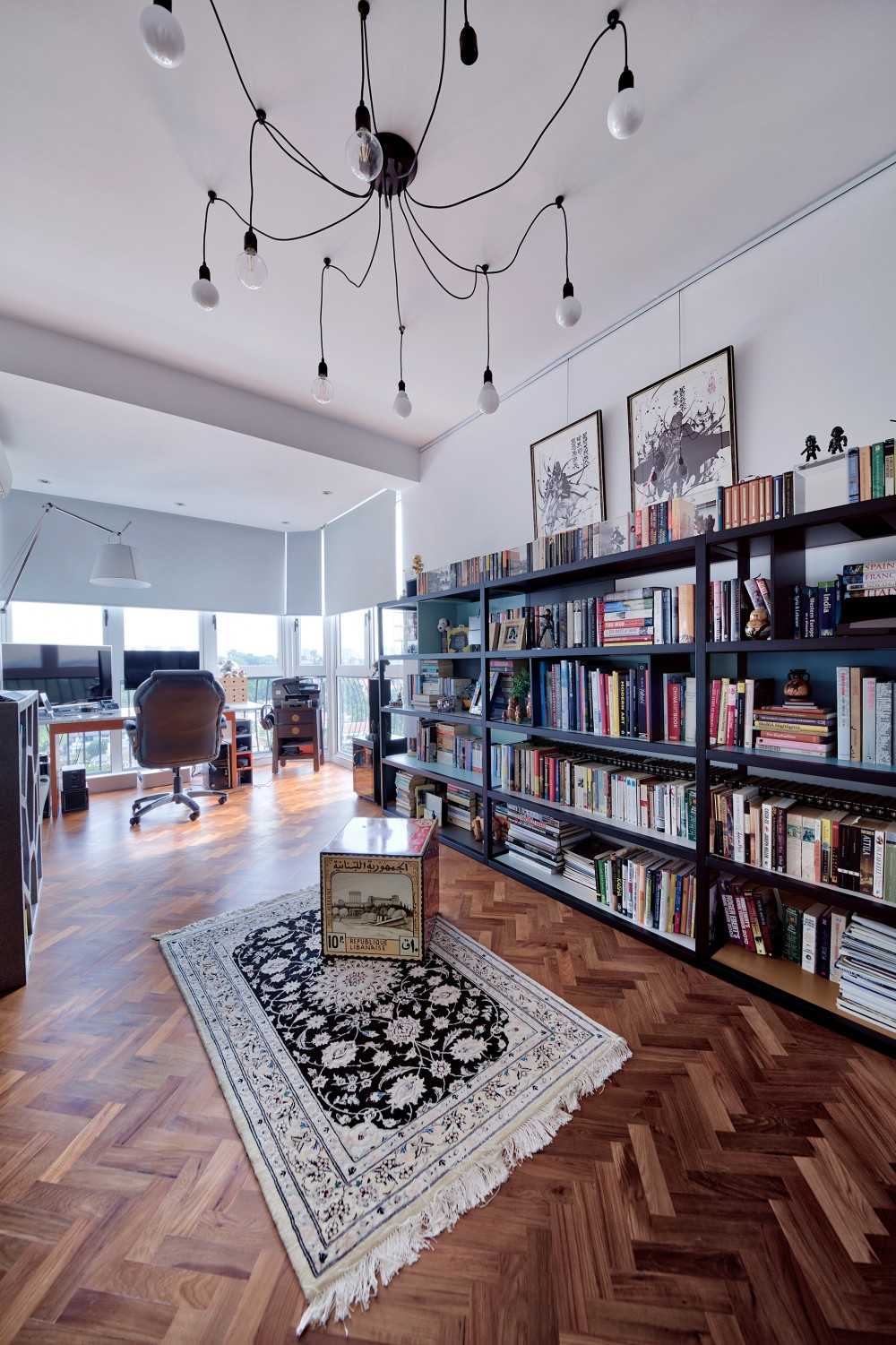 Contemporary Study with Bookshelf and Wood Flooring