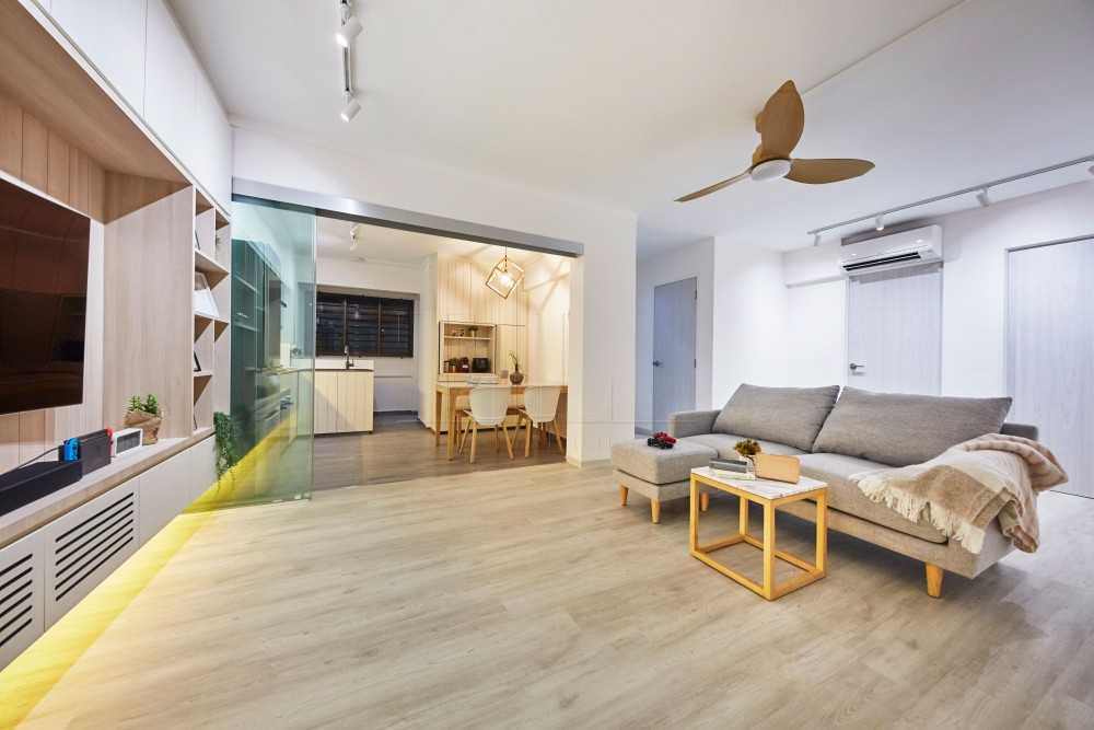 Scandinavian Living Room with Wood Flooring and TV Console
