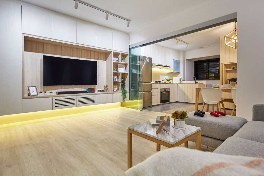 Scandinavian Living Room with Wood Flooring and TV Console